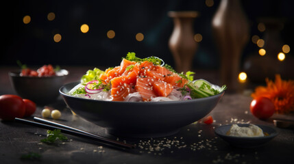Vibrant poke bowl fresh salmon, colorful veggies, atop a bed of rice, a healthy culinary delight