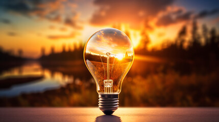Energy Concept Light bulb on sunset background light