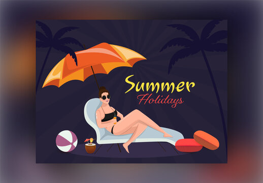 Summer Holiday Landing Page Design, Back View of Young Female Surfer Sitting on Beach.