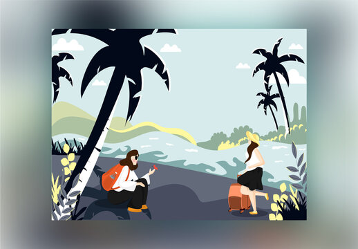 Young Female Tourist Characters on Nature Landscape Background.