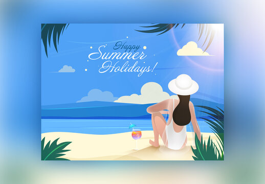 Happy Summer Holidays Poster Design, Back View of Female Swimmer Enjoying Drink on Beach.