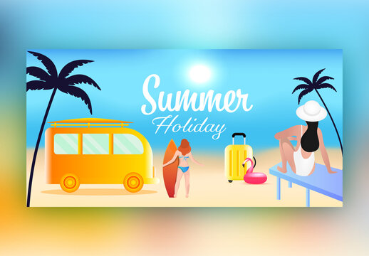 Summer Holidays Landing Page Design with Female Surfer Characters and Van on Beach.