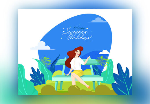 Happy Summer Holidays Based Poster Design with Modern Young Girl Sitting on Bench and Nature View.