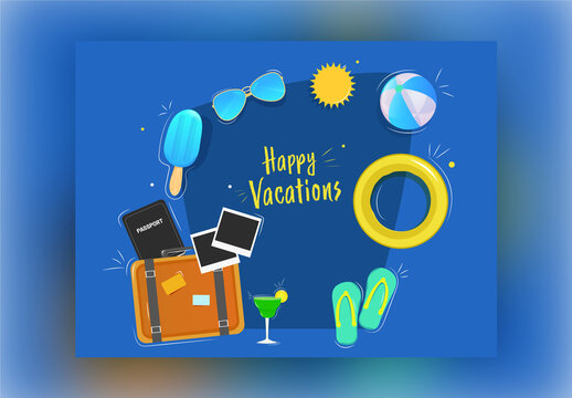 Happy Vacations or Summer Holidays Elements Decorated on Blue Background. Advertising Poster Design.