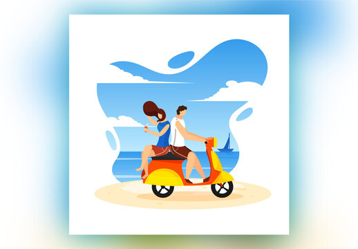 Faceless Character of Young Couple Riding Scooter on Abstract Beach Side. Advertising Post or Template Design.