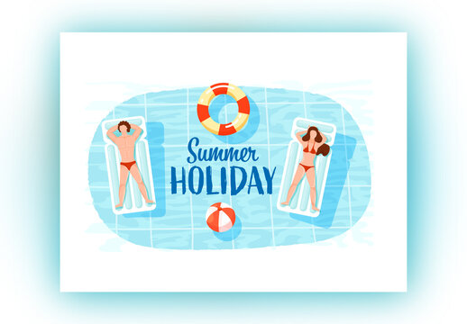 Summer Holiday Concept with Top View of Male and Female Swimmer Lying on Inflatable Mattress.
