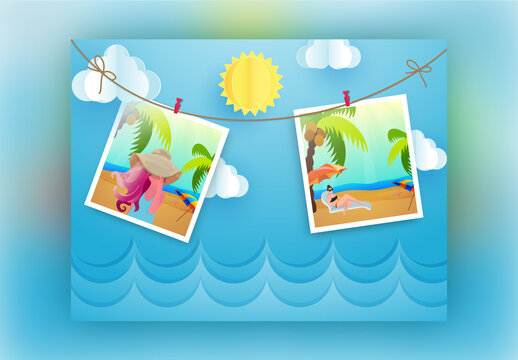 Concept of Beach Holidays, Summer Girl Photo Instant Print on the Background of Paper Cut Sun Sea.