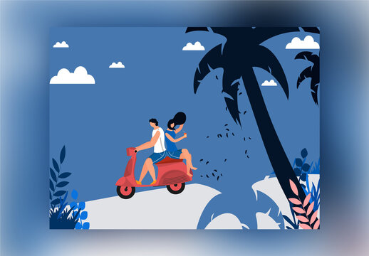 Faceless Character of Young Couple Riding Scooter on Blue and White Background.
