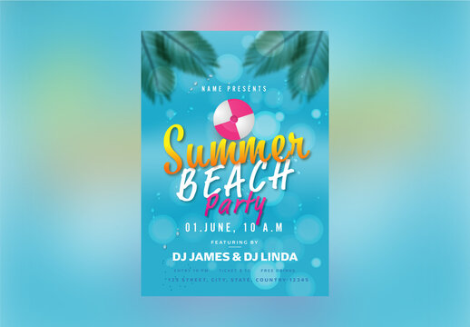 Summer Beach Party Invitation Card with Event Details in Blue Color.