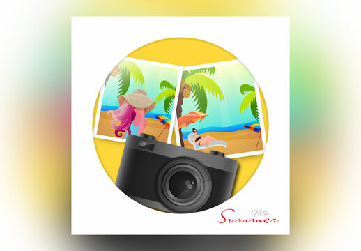 Hello Summer Poster Design with Memorial Instant Photo of Girls Enjoying Summertime and Digital Camera.