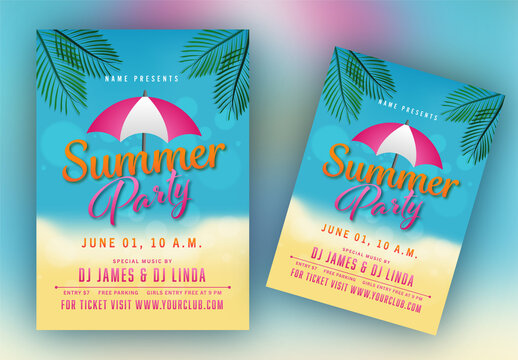 Summer Party Flyer or Template Design with Venue Details in Blue and Yellow Color.