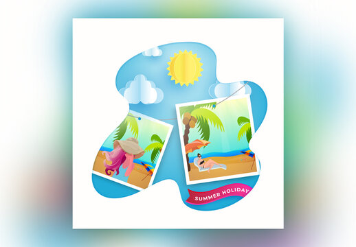 Summer Holidays Post or Template Design with Memorial Instant Photo of Girls Enjoying Summertime on Abstract Blue and White Background.