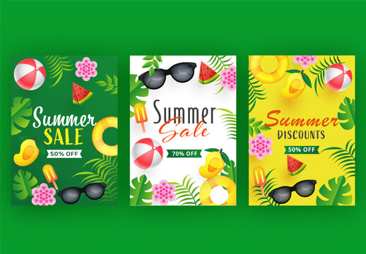 Set of Summer Sale Poster or Template Design Decorated with Summertime Elements.
