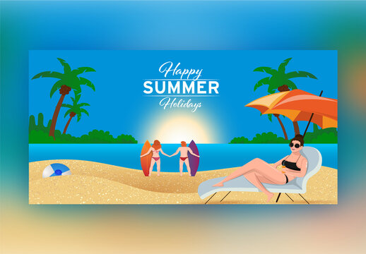 Happy Summer Holidays Concept Based Banner Design with Beautiful Sunny Beach Scene.