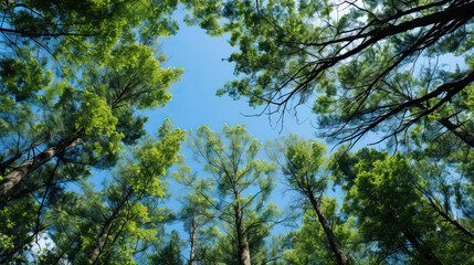 Obraz premium Clear blue sky and green trees seen from below