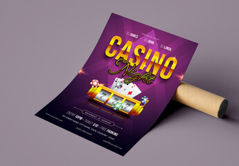 Casino Night Party Flyer Design in Purple Color with 3D Gambling Elements.