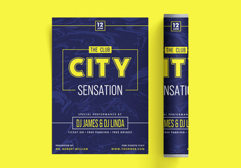 City Sensation Party Flyer Layout with Event Details in Blue Color.