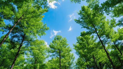 Clear blue sky and green trees seen from below