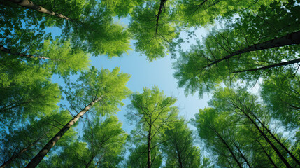 Fototapeta premium Clear blue sky and green trees seen from below