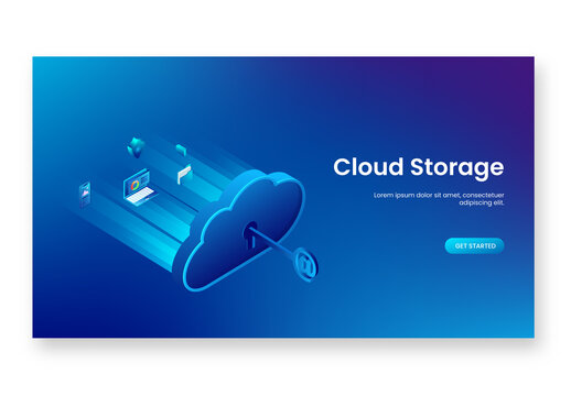Cloud Storage Landing Page Design in Blue Color, 3D Unlock Cloud Server and Essential Business Elements Between Digital Rays.