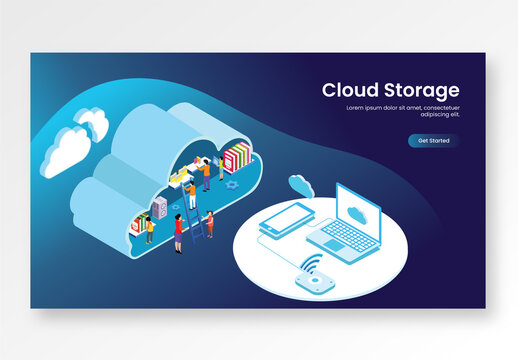 Cloud Storage Landing Page Design, Business People Maintaining Data in Cloud Server and Digital Devices Connected Wifi Internet Box.