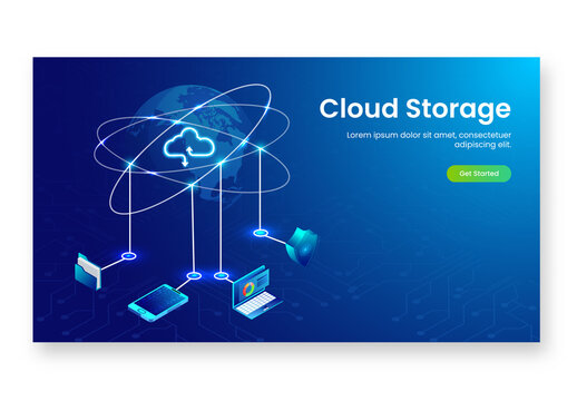 Cloud Storage Concept Based Landing Page Design in Blue Color, Isometric Digital Devices Connected with Cloud Globalization.