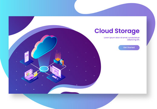 Cloud Storage Concept Based Landing Page Design, Isometric Digital Devices Connected with Cloud Server.