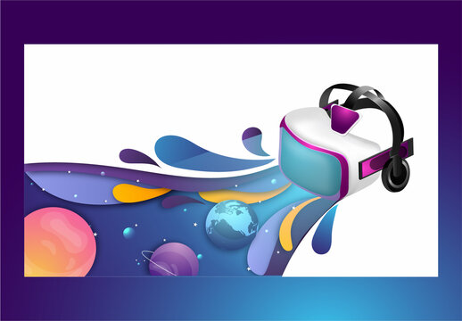 3D VR Glasses with Paper Cut Style Imaginary Universe or Outer Space Background. Responsive Landing Page Design for Virtual Reality Concept.