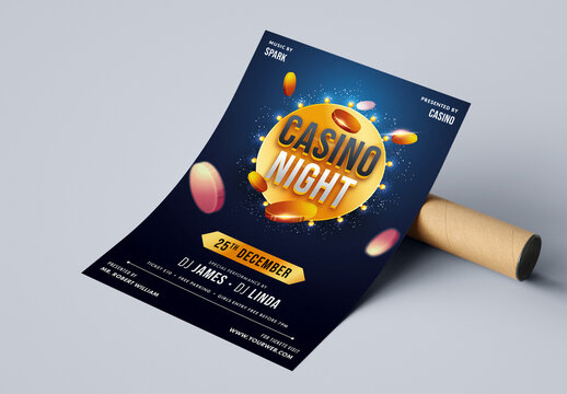 Casino Night Party Flyer Design with 3D Coins Flying and Lights Effect.