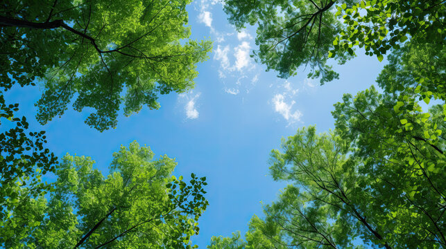 Clear Blue Sky And Green Trees Seen From Below