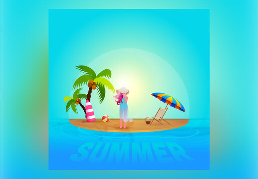 Sunny Beach Background with Modern Girl Hiding Her Face from Hat, Beach Elements for Enjoy Summer Holidays