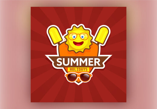 Summer Holidays Sticker or Label with Funny Cartoon Sun, Popsicles on Red Rays Background.