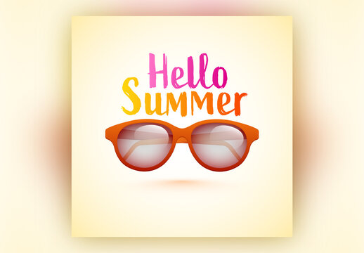 Hello Summer Text and Goggles on Light Yellow Background. Social Media Post or Template Design.