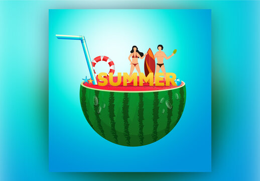 Summer Holidays Post Design with Male and Female Surfer Characters and Beach Elements on Half Watermelon.