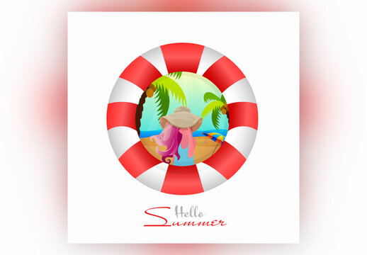 Hello Summer Post or Template Design with Young Girl Hiding Her Face from Hat on Beach in Swimming Ring Frame.