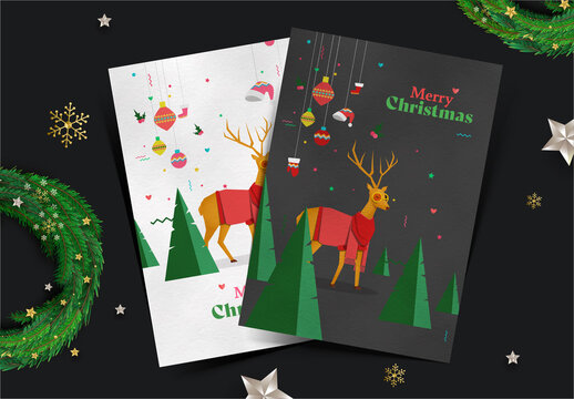 Merry Christmas Greeting Cards in White and Black Color Options.