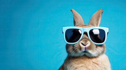 Cool bunny with sunglasses. Easter party concept. Isolated on blue background