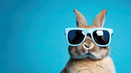Poster Cool bunny with sunglasses. Easter party concept. Isolated on blue background ©  Mohammad Xte