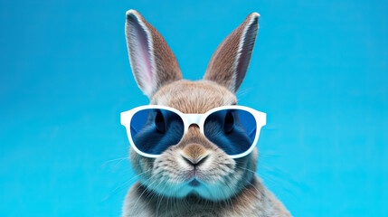 Cool bunny with sunglasses. Isolated on blue background