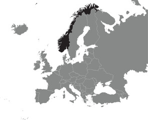 Black CMYK national map of NORWAY inside detailed gray blank political map of European continent on transparent background using Mercator projection