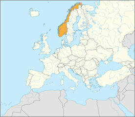 Orange CMYK national map of NORWAY inside detailed beige blank political map of European continent with rivers and lakes on blue background using Mercator projection