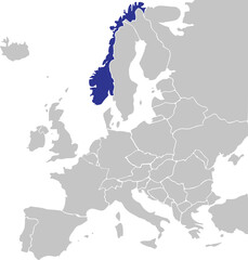 Blue CMYK national map of NORWAY inside simplified gray blank political map of European continent on transparent background using Mercator projection