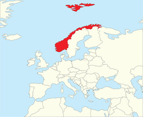 Red CMYK national map of NORWAY inside simplified beige blank political map of European continent on blue background using Winkel Tripel projection