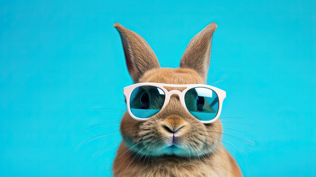 Cool bunny with sunglasses. Isolated on blue background