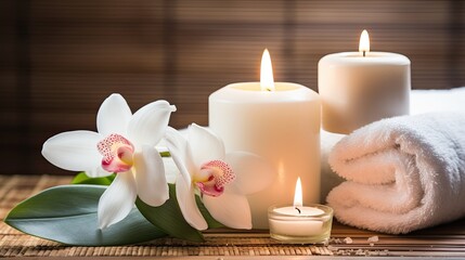 Fototapeta na wymiar Showcase the spa environment with attention to details like candles, soft towels, and soothing colors