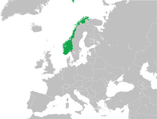 Green CMYK national map of NORWAY inside detailed gray blank political map of European continent with lakes on transparent background using Mercator projection