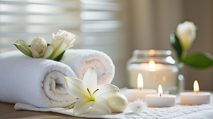 Obraz na płótnie Canvas Showcase the spa environment with attention to details like candles, soft towels, and soothing colors