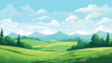 Keuken foto achterwand Koraalgroen  cartoon summer landscape with green hills trees. Vector illustration 