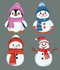 set of snowman and penguin