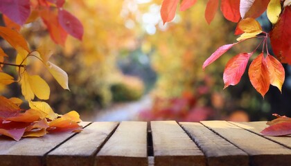 Rustic Elegance: Wooden Table with Blurred Autumn Background and Red-Yellow Leaves. Generative AI